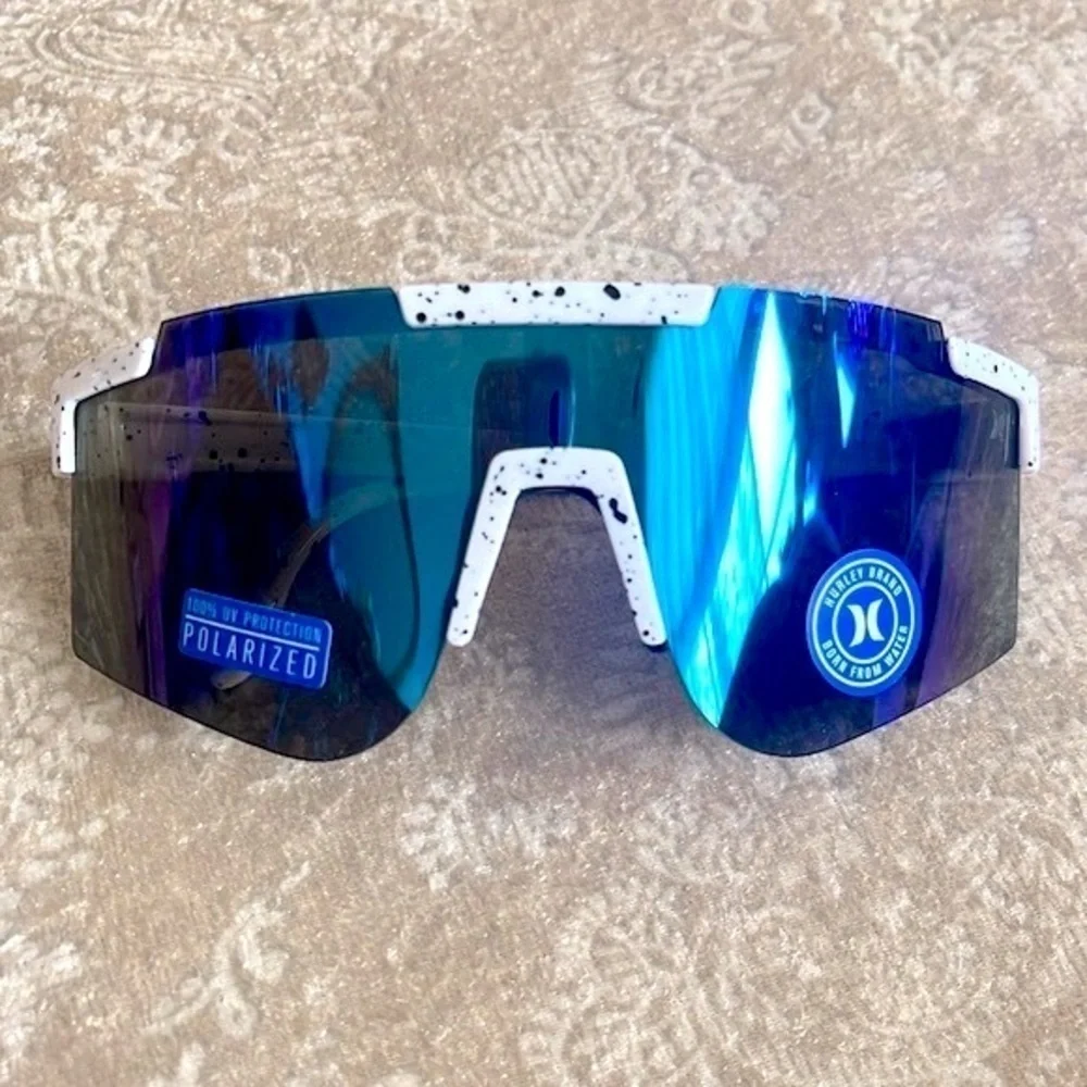 Brand New Hurley Polarized Sunglasses White Semi-Rim Wrap Shield Blue Mirrored